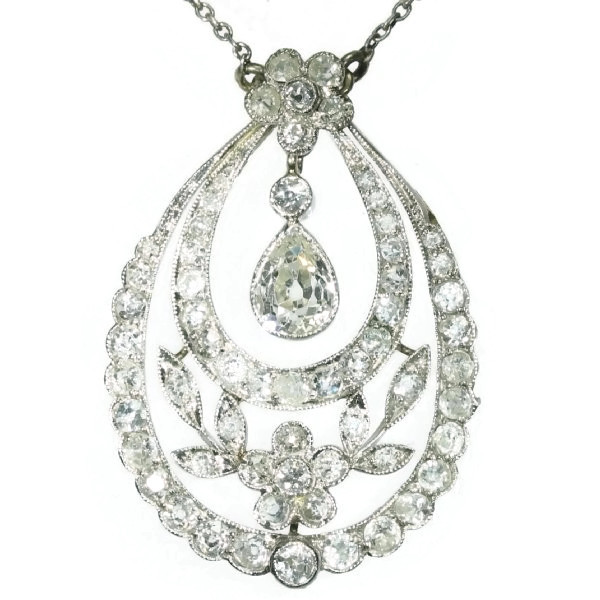 Edwardian pear diamond solitaire pendant, flowery design